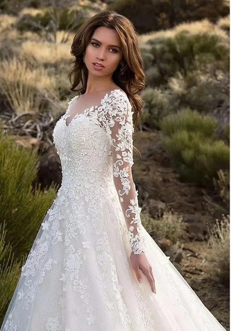 Women Formal Party Wear Dress - Women Long Sleeve V Neck Lace