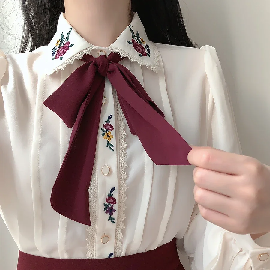 Retro Vintage Embroidery Bow T - огляд і ціна Women Formal Wear White Shirt