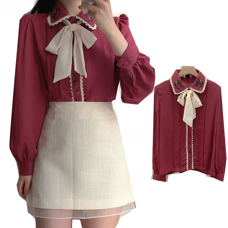 Retro Vintage Embroidery Bow T - огляд і ціна Women Formal Wear White Shirt
