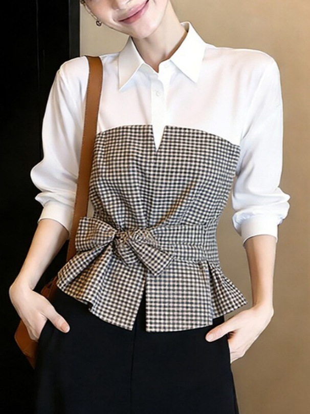 New White Black Gingham Patchw - огляд і ціна Women Formal Wear White Shirt