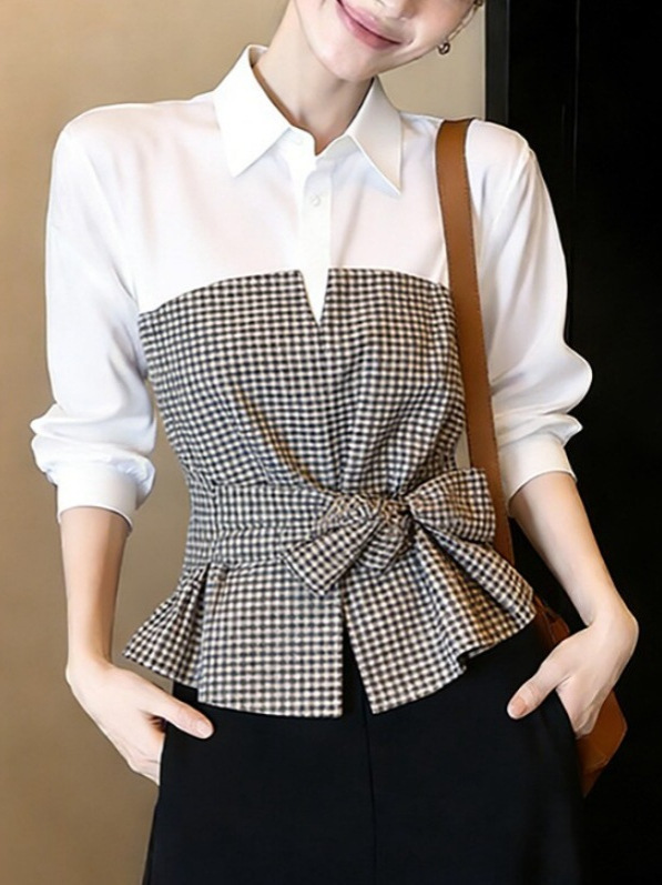 New White Black Gingham Patchw - огляд і ціна Women Formal Wear White Shirt