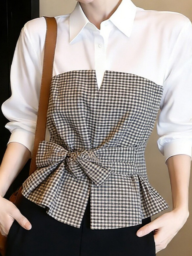 New White Black Gingham Patchw - огляд і ціна Women Formal Wear White Shirt