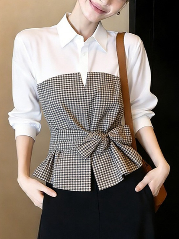 New White Black Gingham Patchw - огляд і ціна Women Formal Wear White Shirt