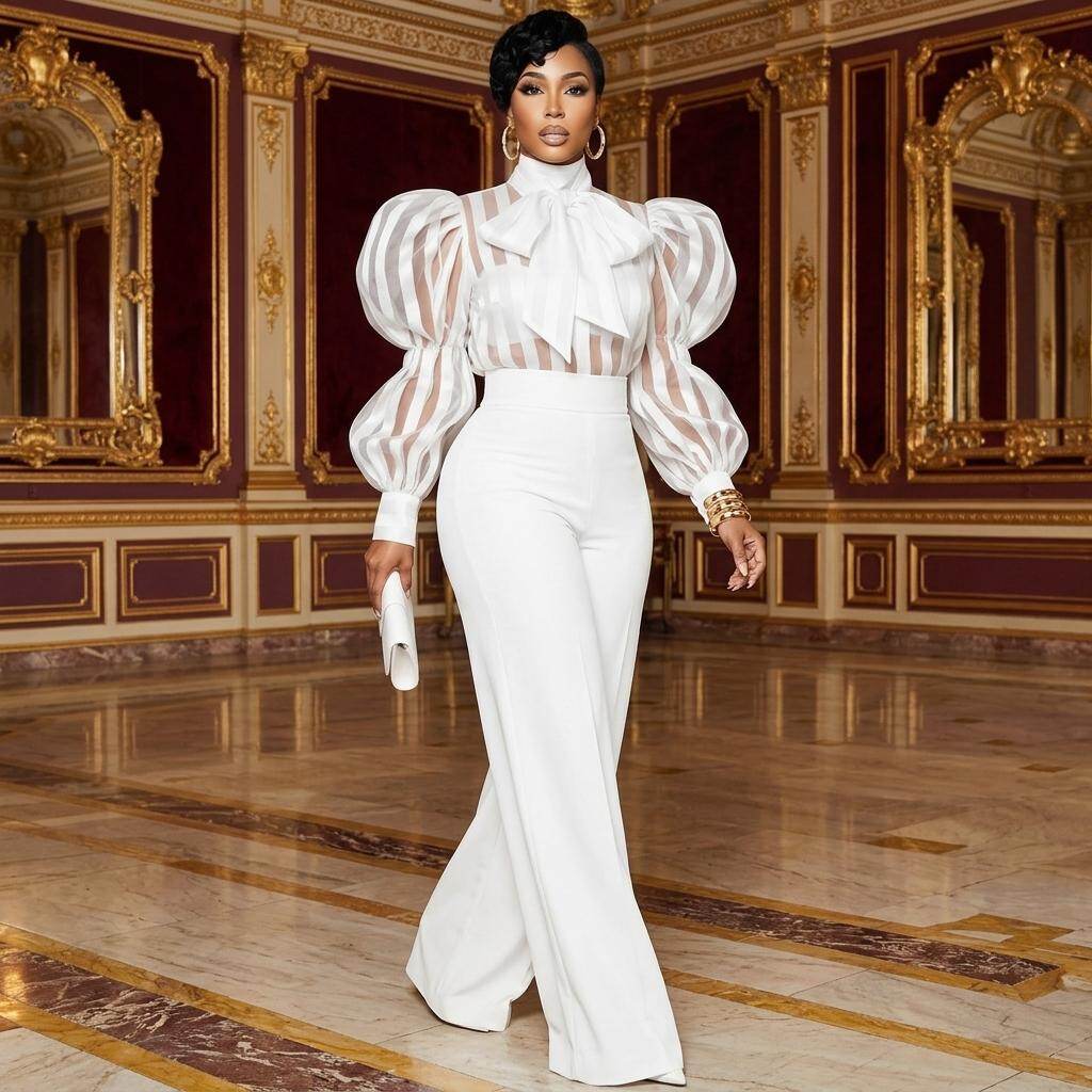 Women High Neck Bow Puff Long  - огляд і ціна Women'S Formal Wear Pants